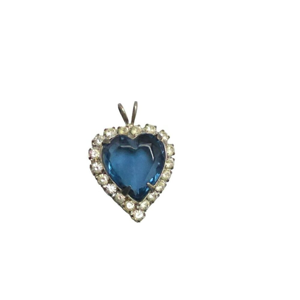 Blue Clear Rhinestone Heart Pendant Silver Tone Vintage